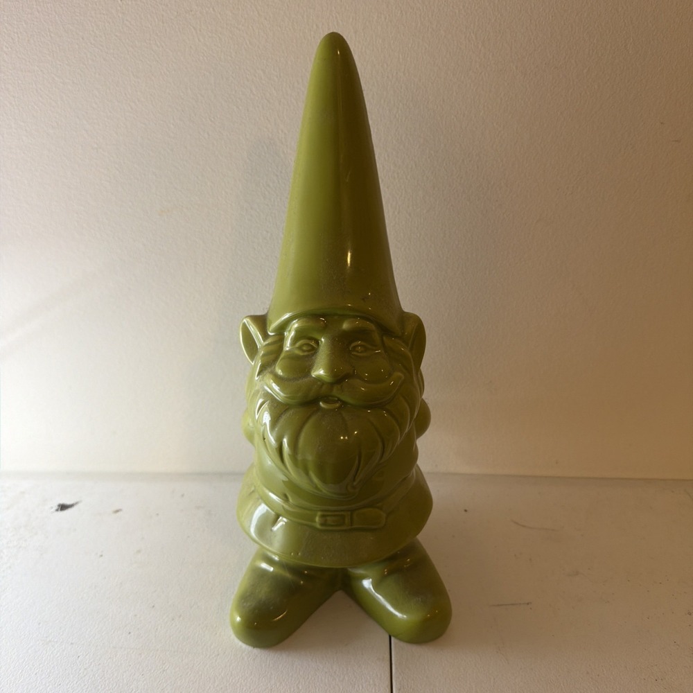 12.5” Green Ceramic Gnome Indoor Figurine Outdoor Lawn Garden